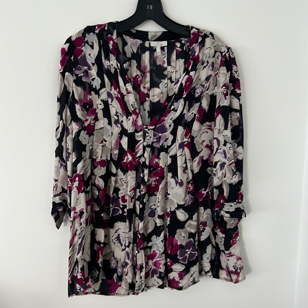 100% SILK FLORAL JOIE BLOUSE PINK BLACK GREY FLOWERS SIZE MEDIUM